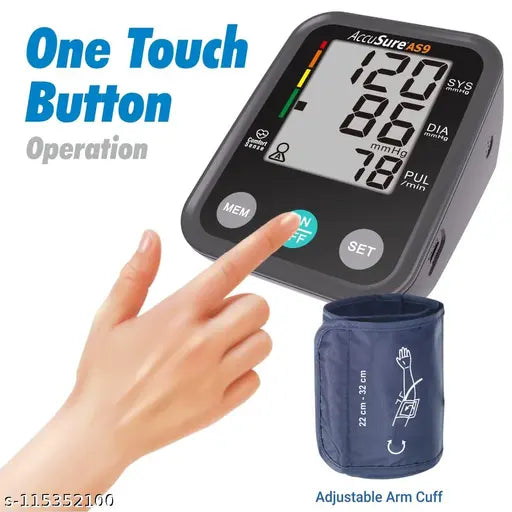 AccuSure Blood Pressure Monitor Fully Automatic Digital Large Display And Adjustable Arm-Cuff Comes With Micro USB Port And 4 Years Brand Warranty- Black Color