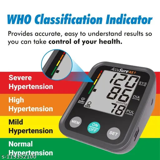 AccuSure Blood Pressure Monitor Fully Automatic Digital Large Display And Adjustable Arm-Cuff Comes With Micro USB Port And 4 Years Brand Warranty- Black Color
