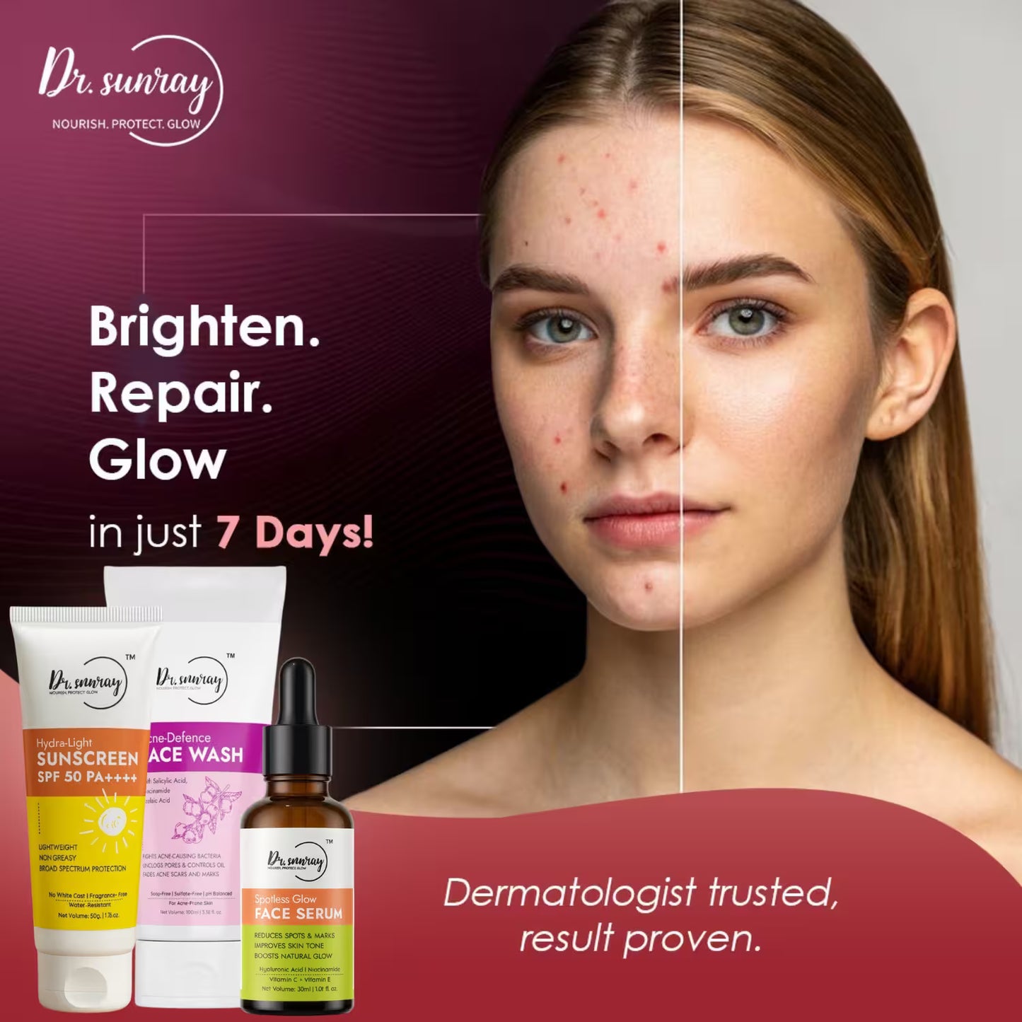 Dr. Sunray Skincare Essentials Combo – Cleanse, Treat & Protect